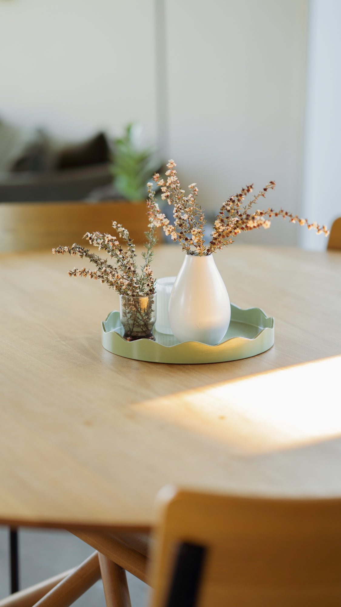 Awa Coastal dried flowers on oak dining table, Whangapoua interior photography NZ