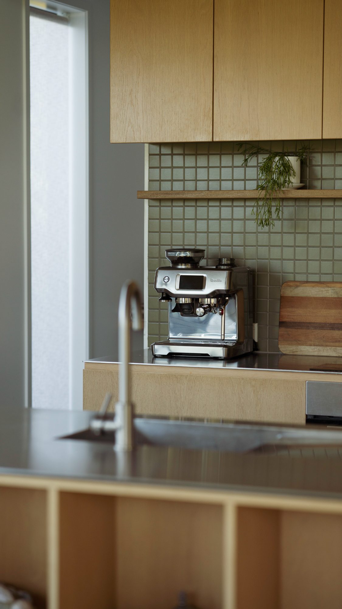 Awa Coastal kitchen coffee station with mosaic tile, Whangapoua interior photography NZ