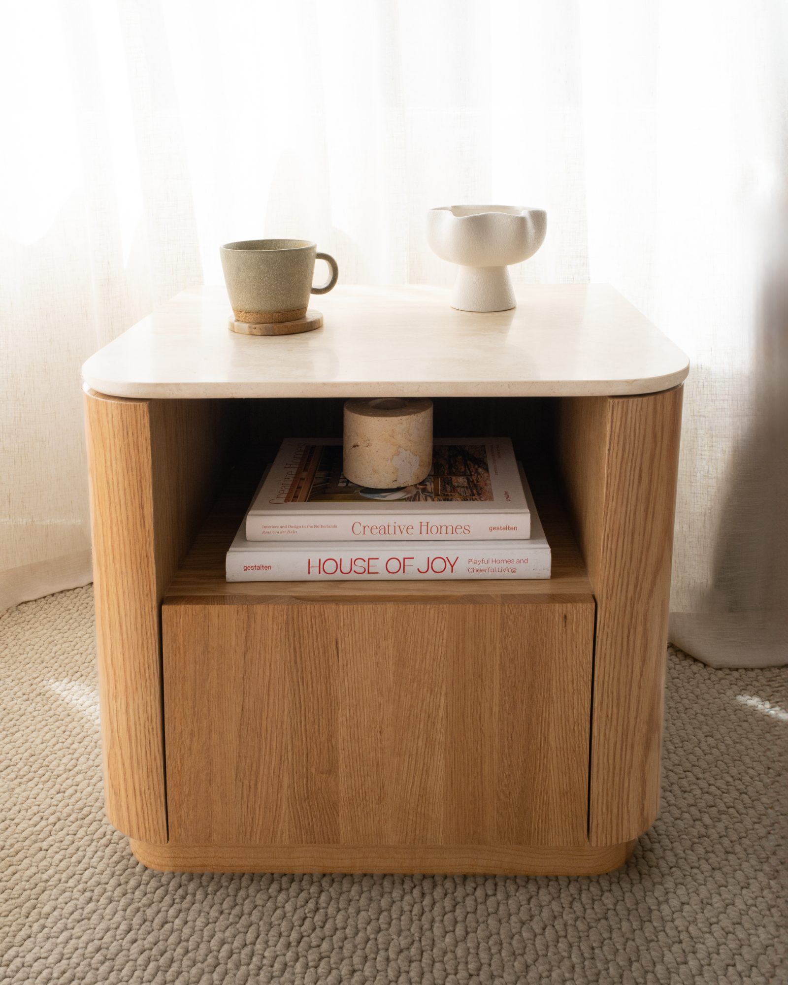 Frame House bedside table styling, Wellington interior photography NZ