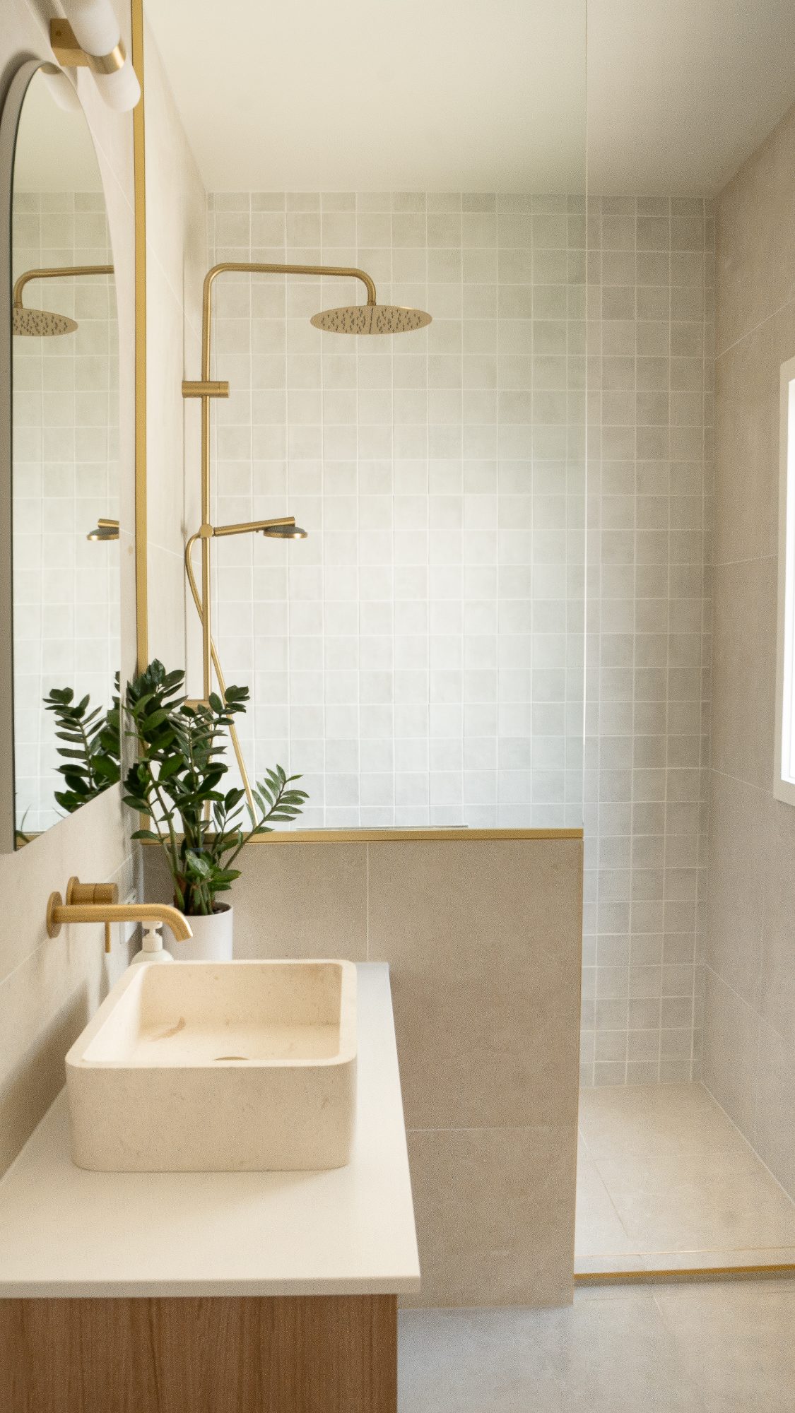 Frame House terrazzo bathroom basin with brass fixtures, Wellington interior photography NZ