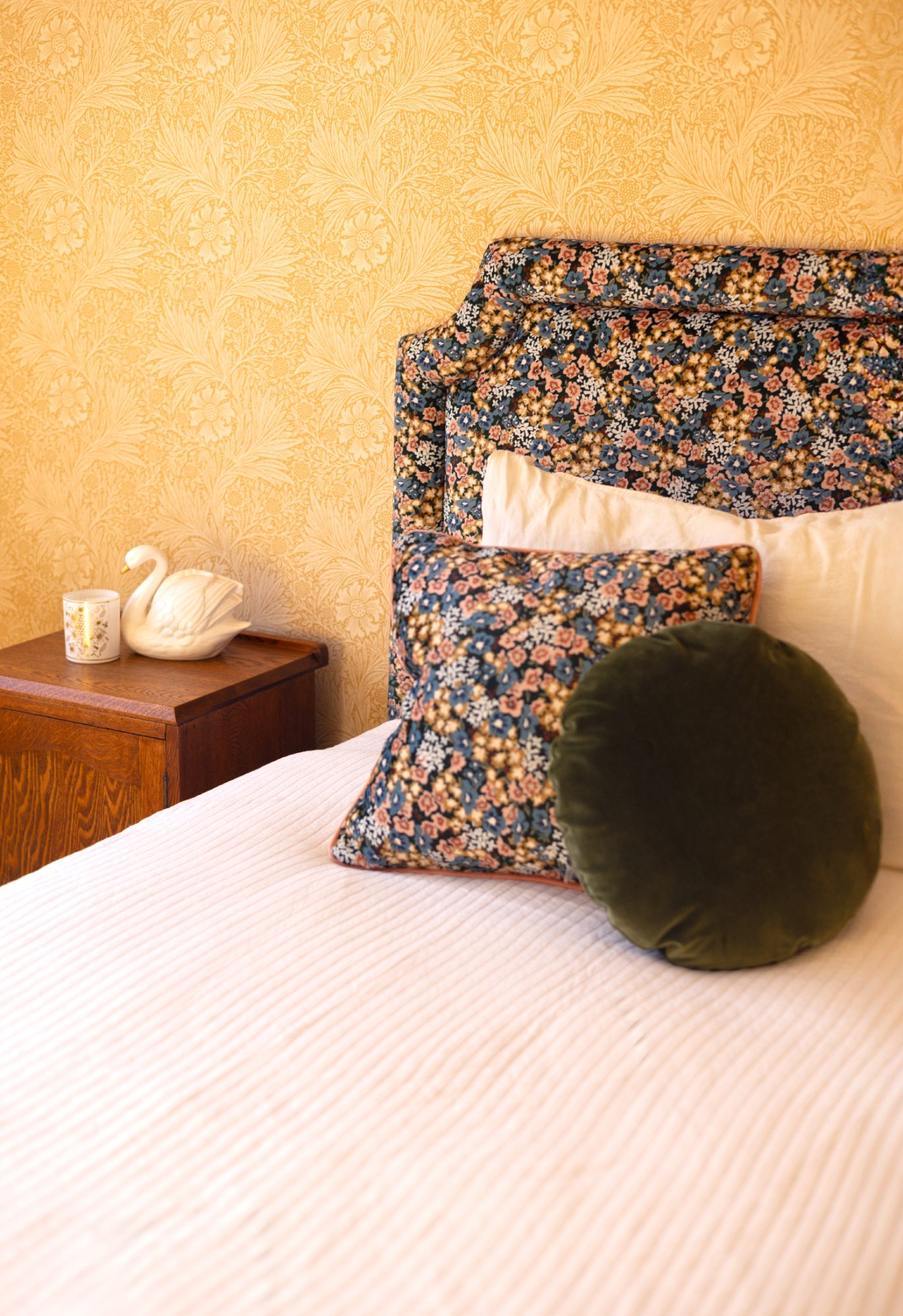 Mabel House bedroom with patterned wallpaper, Wellington interior photography NZ
