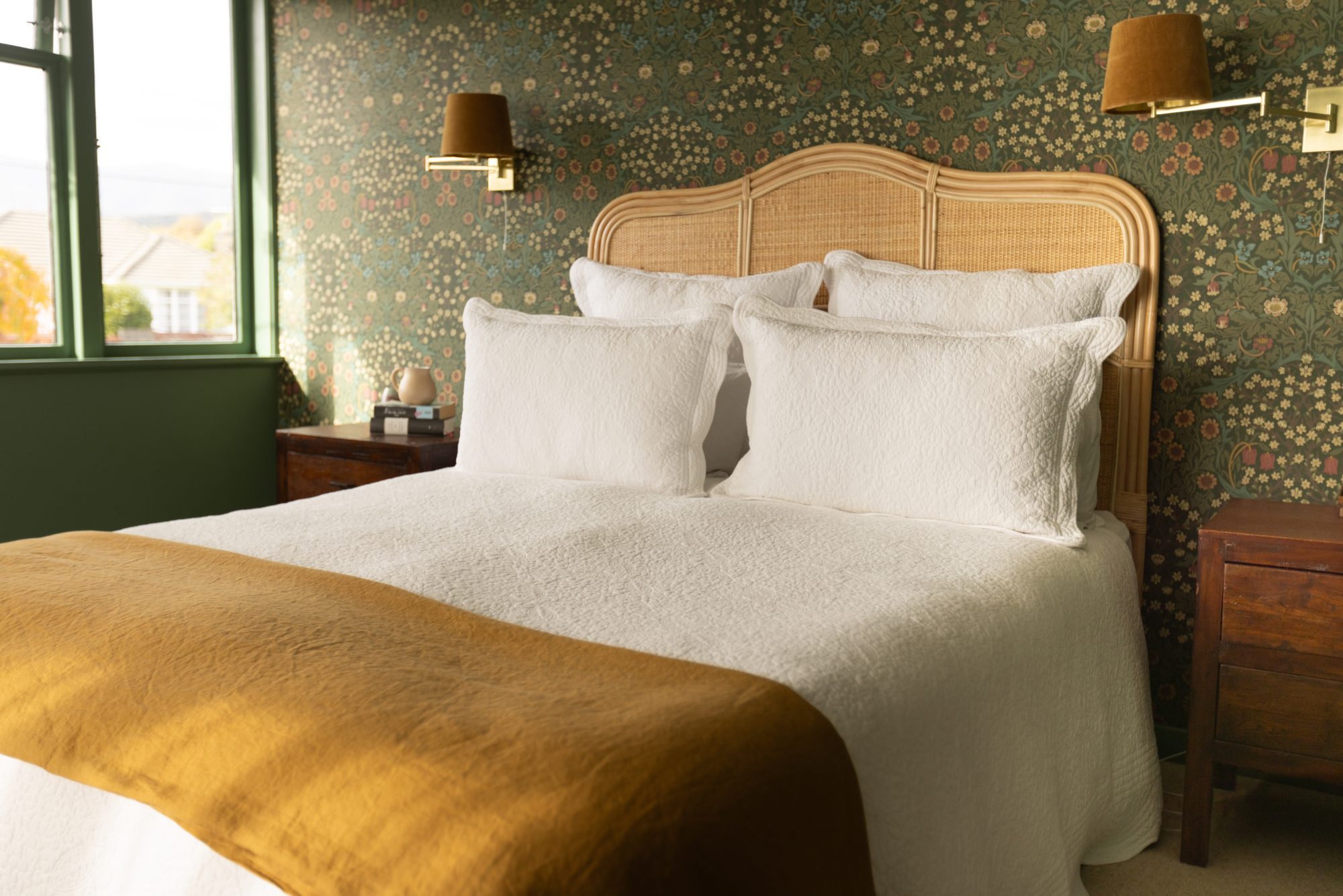 Mabel House bed styling close-up, Wellington interior photography NZ