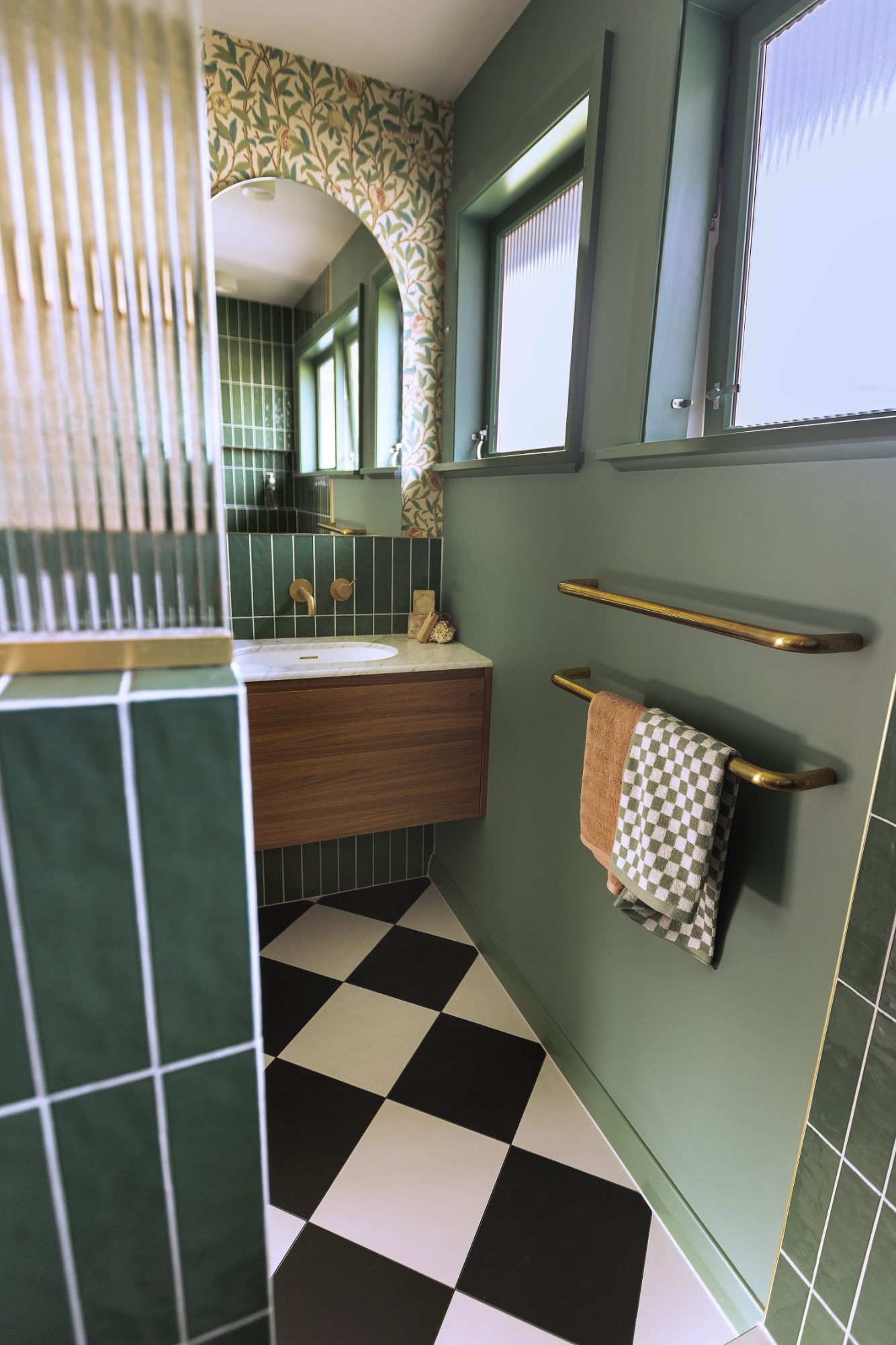 Mabel House green bathroom with checkerboard floor, Wellington interior photography NZ