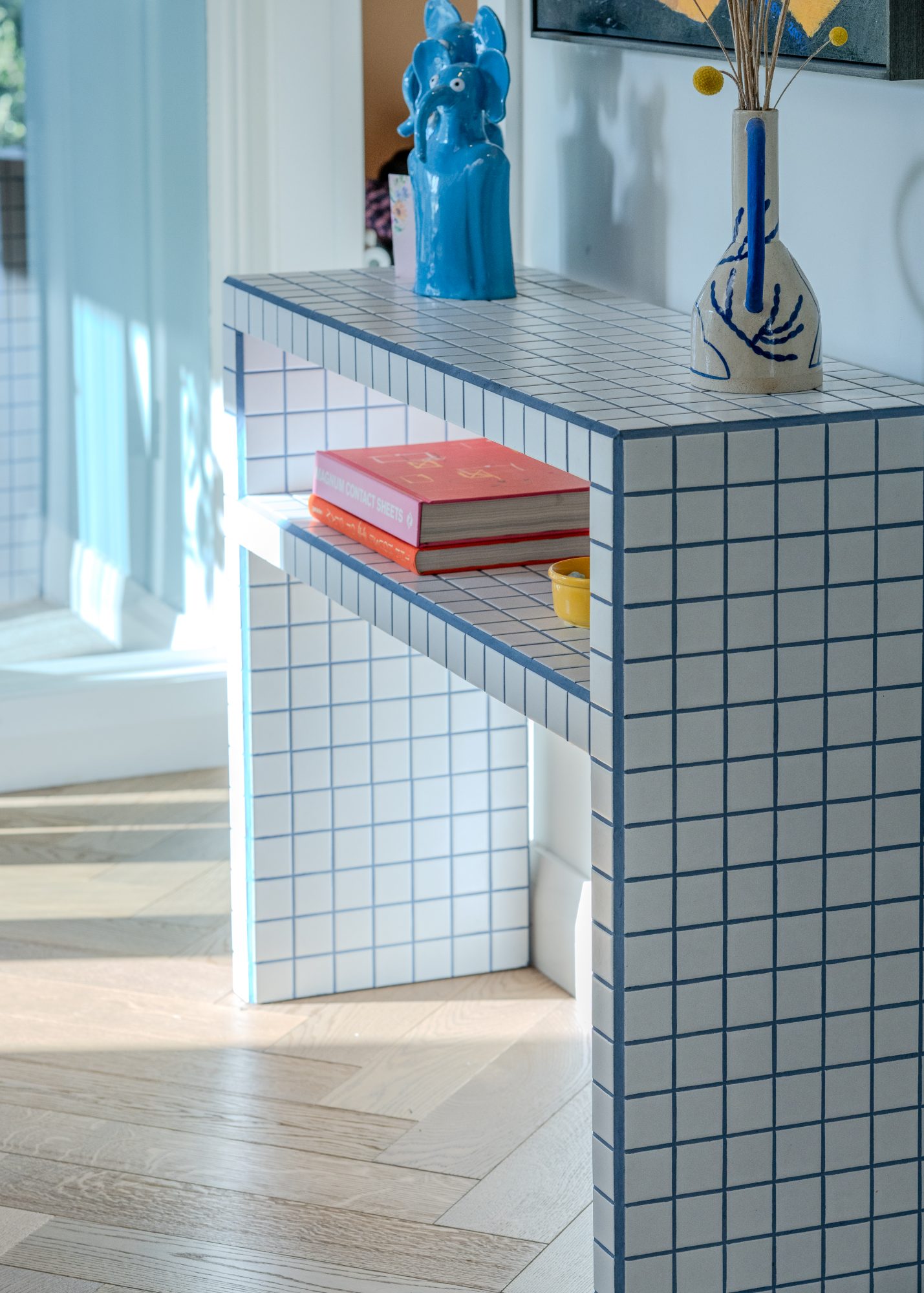 Seatoun House tiled console table with ceramics, Wellington interior photography NZ