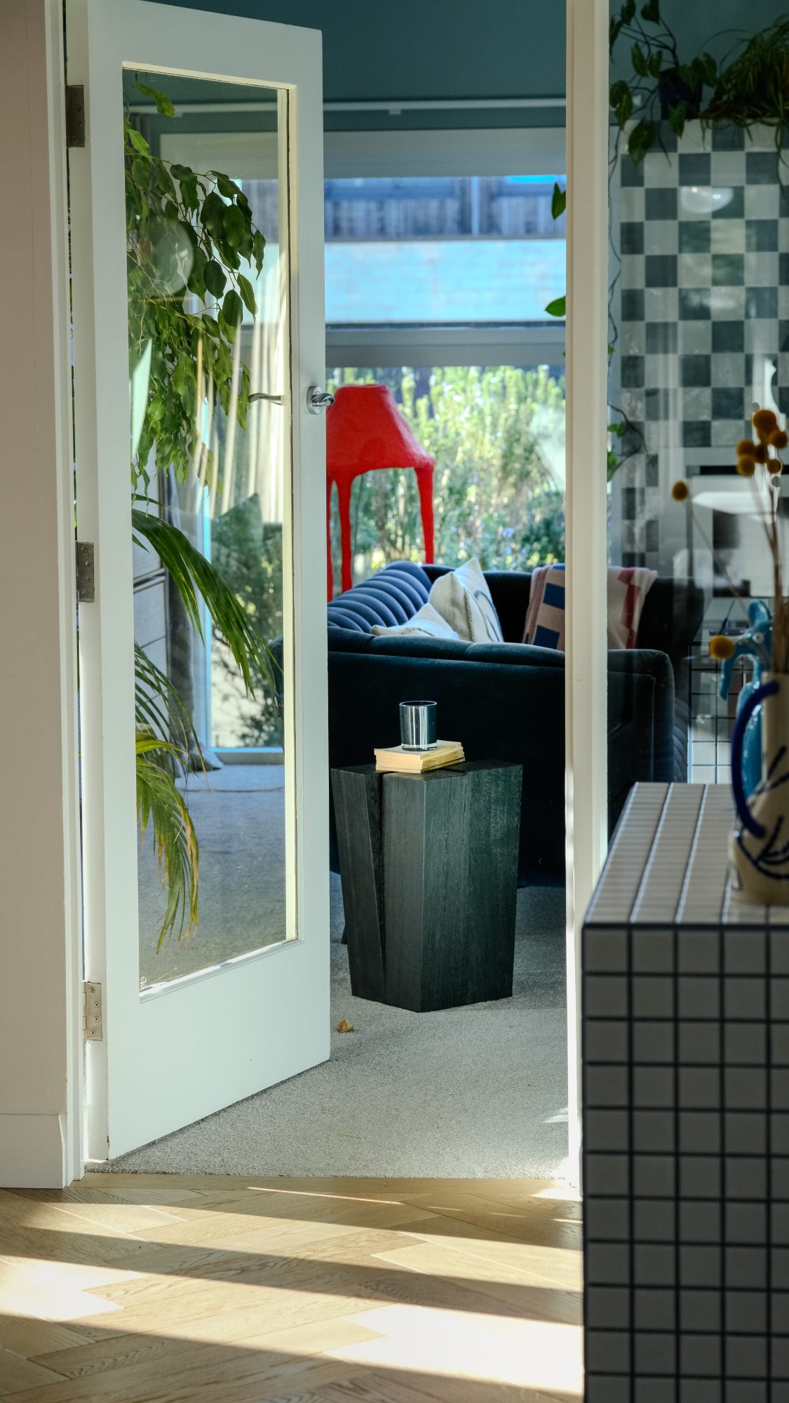 Seatoun House view through French doors to living room, Wellington interior photography NZ