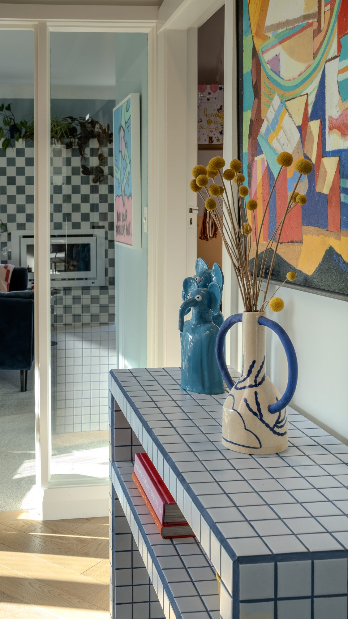 Seatoun House hallway console with blue elephant ceramics, Wellington interior photography NZ