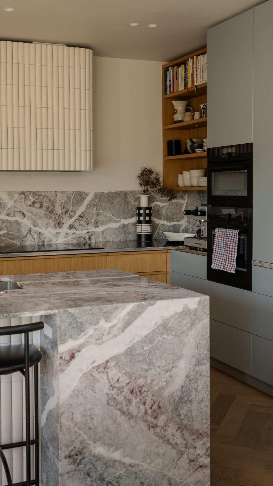 Seatoun House kitchen with marble island and oak joinery, Wellington interior photography NZ