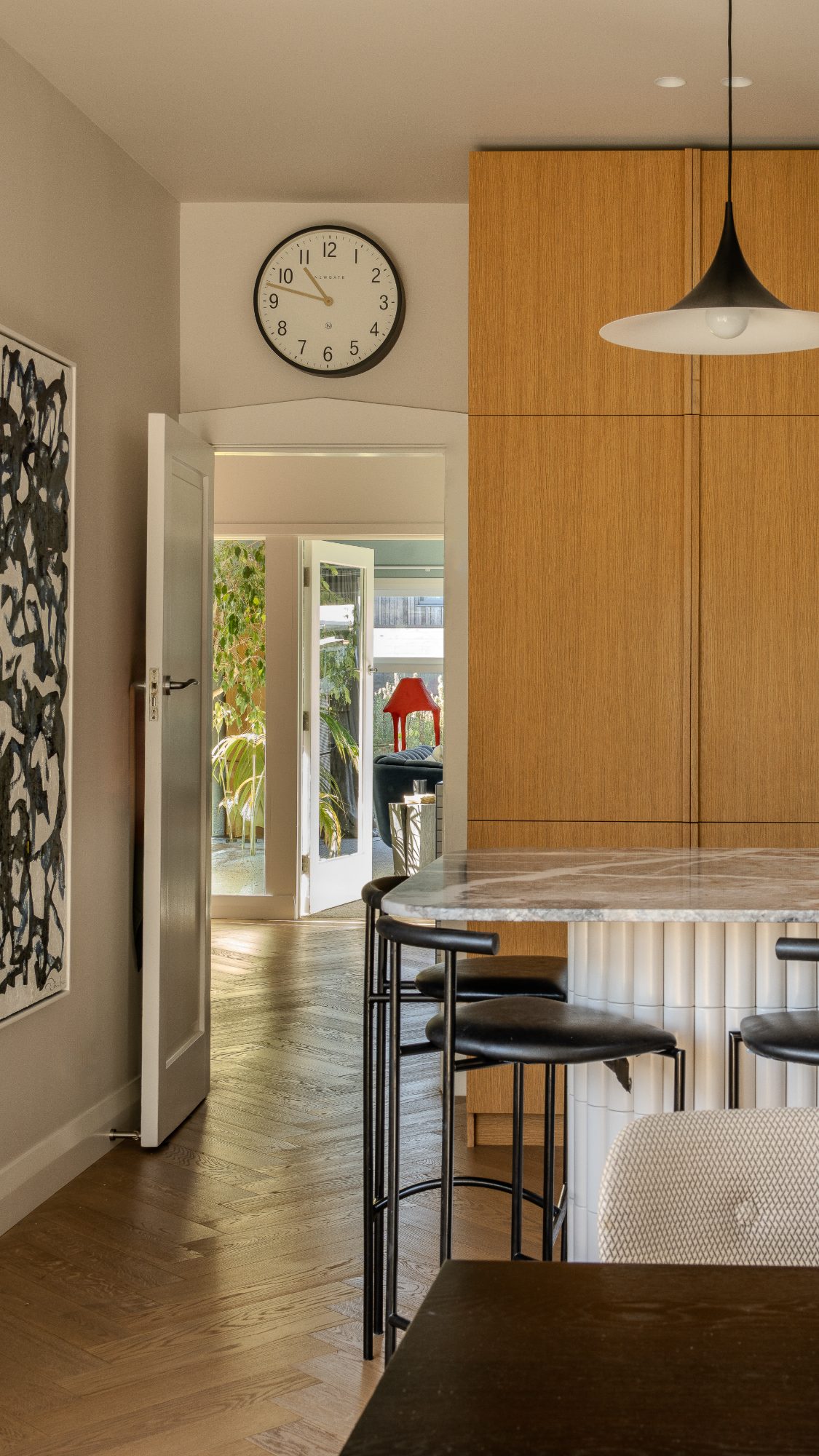 Seatoun House kitchen and dining with bar stools, Wellington interior photography NZ